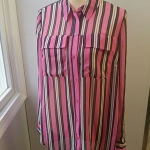 I Heart Ronson Pink and Black Striped LS Button Front Shirt Size Medium Career